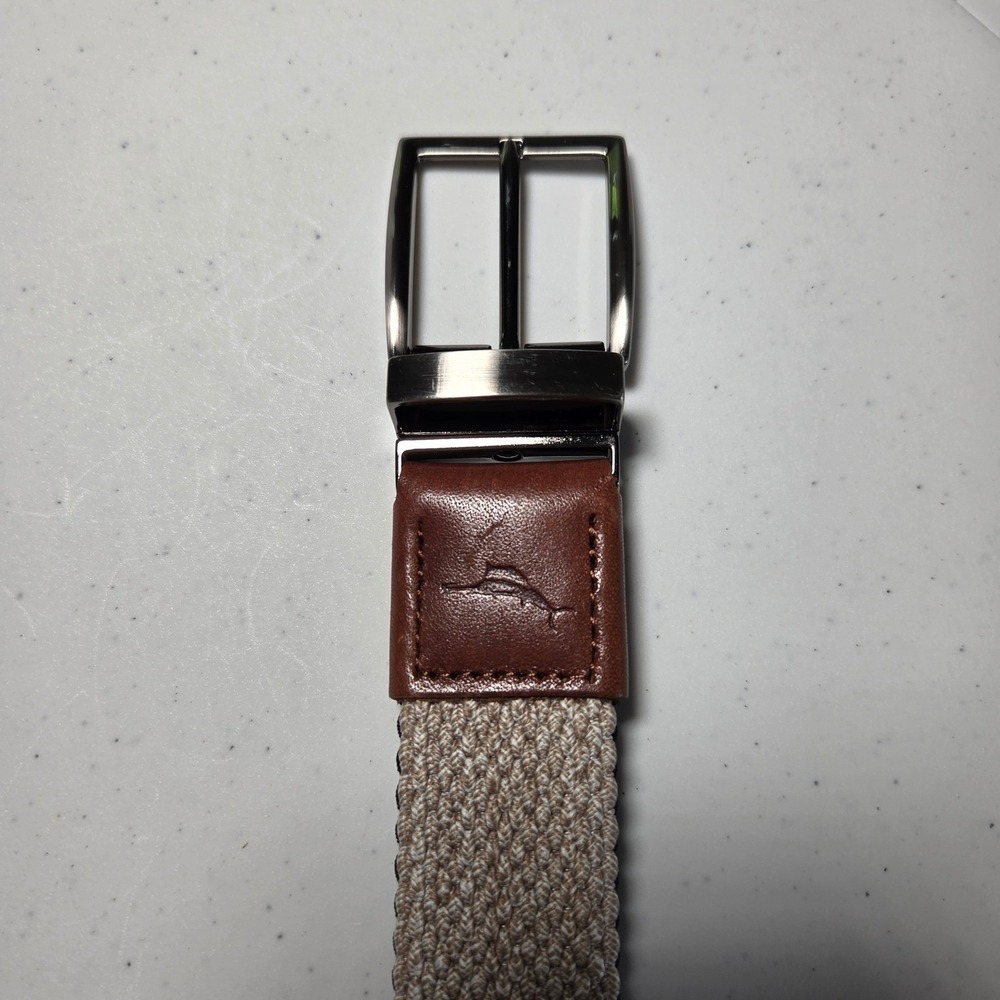 Tommy Bahama Mens Reversible Braided Belt Tan Navy Blue Leather Trim L/XL - Picture 6 of 12